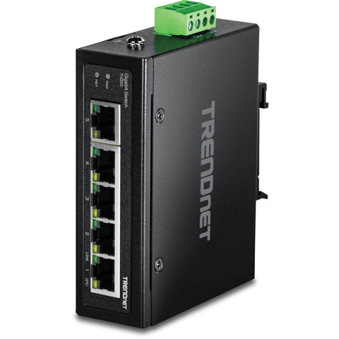 Front view of 5-Port Industrial Gigabit Ethernet DIN-Rail Switch, IP50 rated, with 10Gbps switching capacity and easy terminal block wiring.