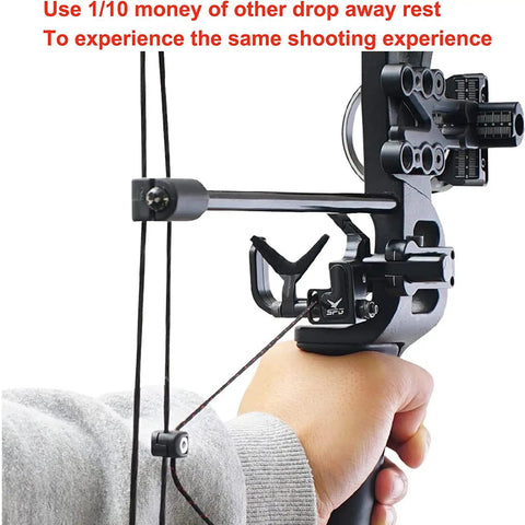 Close-up of hands holding a compound bow with Drop Away Arrow Rest for Compound Bow Upgrade Archery Rest Beefed Up Aluminum Alloy Build Wear Resistant Lightweight 0.19 Lb Black Finish Great for Hunting and Target Shooting Right Hand