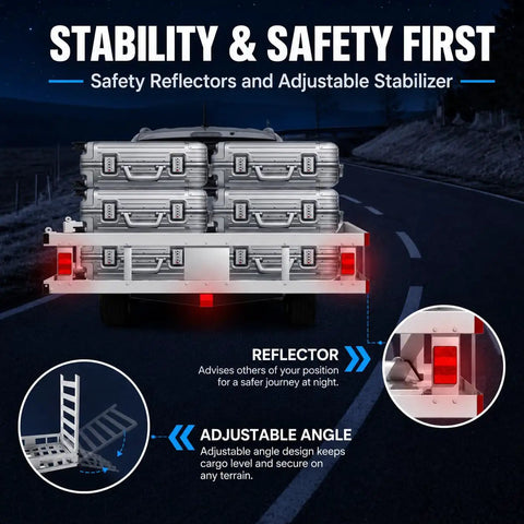 Beefy Aluminum Hitch Cargo Carrier With Ramp, Folding Design, Up To 1300 Lbs Capacity, featuring reflectors and stabilizers
