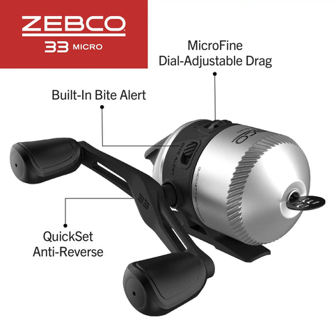 Micro Spincast Reel And Rod Combo For Beginners with Quickset Anti Reverse and Bite Alert, silver and black reel close-up.