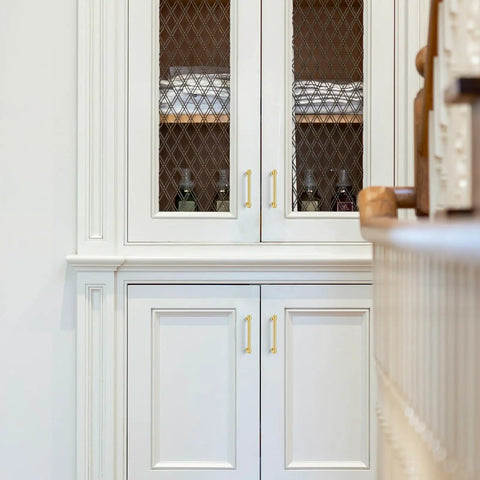 Six Pack Brushed Gold Aluminum Cabinet Handles With 5 Inch Center Hole Straight Bar Drawer Pulls on white cupboard doors