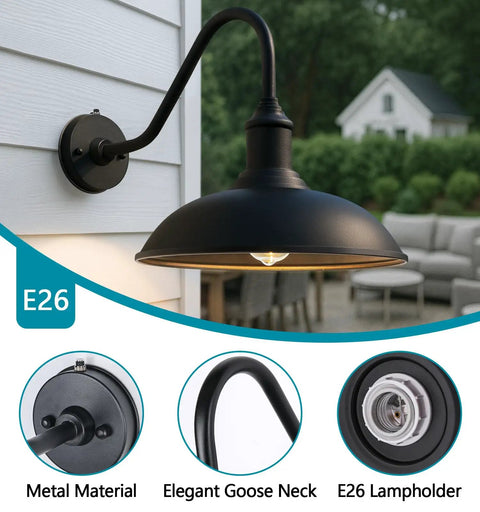 12.6 Inch Outdoor Gooseneck Barn Light with Dusk to Dawn Sensor, heavy-duty metal, galvanized finish, E26 lamp holder, wall-mounted
