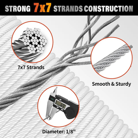 Marine Grade T316 Stainless Steel Wire Rope Cable For Deck Railing System Kit, 100 Ft Length, One Eighth Inch Thickness