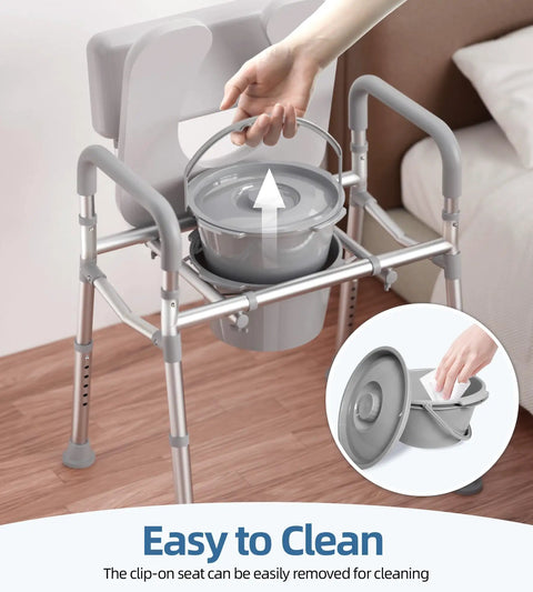 Adjustable Bedside Commode Toilet With Built Like A Tank Aluminum Frame and Heavy Duty Crossbar featuring easy-to-remove bucket for cleaning.
