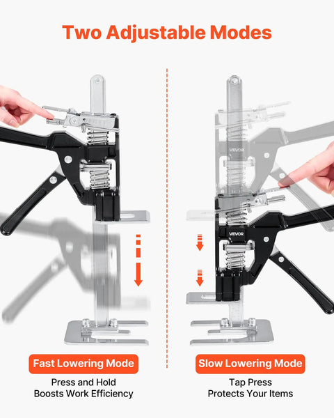 2 Pack Heavy Duty Steel Labor Saving Arm Jacks, 265 Lb Rated Lifts 6.5 Inches Flat, showing adjustable lowering modes.