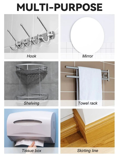 Boss Grade All Purpose Glue Kit With Quick Cure Formula And Slick Snip Tip Applicators, hooks, mirror, shelving, towel rack, tissue box.