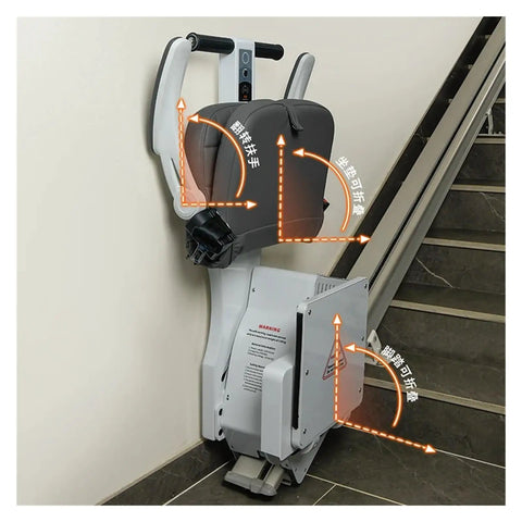 Climb Stairs Without The Hassle Using This Heavy Duty Seat Elevator Chair Lift For Home And Villa Standing Model with grey seat.