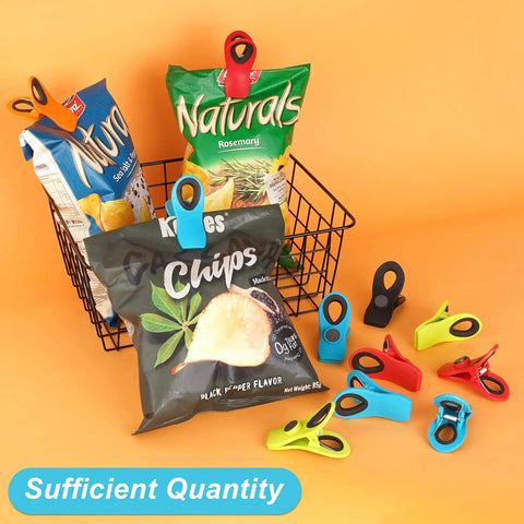 Vibrant Magnetic Chip And Bag Clips 12 Pack Reusable Kitchen Must Have Keeps Snacks Fresh Total Game Changer Super Handy Pantry Organization Essential with colorful clips on snack bags.