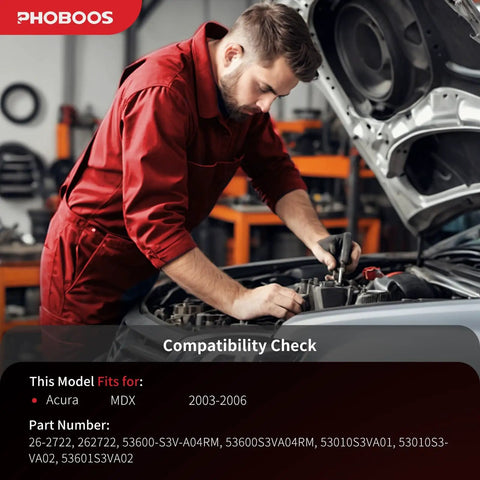Mechanic working on Acura MDX 2003-2006, focus on compatibility check for hydraulic power steering rack and pinion assembly
