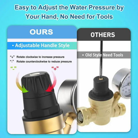 Comparison of Solid Brass RV Water Pressure Regulator With Built In Gauge and Adjustable Valve for easy manual pressure adjustments.