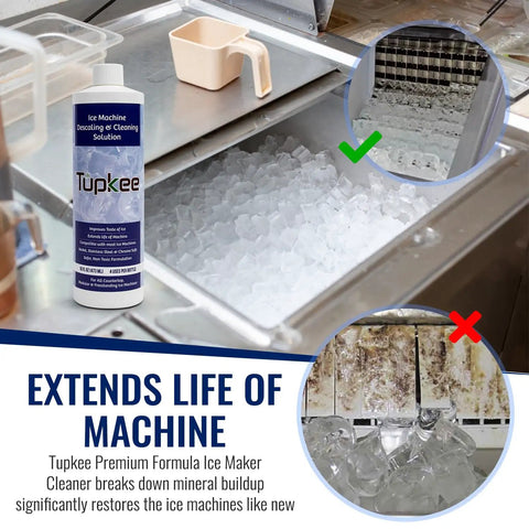 Ice Maker Cleaner And Descaler 16 Oz Nickel Safe Non Toxic Citric Acid Formula Compatible With Scotsman KitchenAid Affresh All Major Brands Made In USA Odorless And Powerful Breaks Down Mineral Buildup That Vinegar Cannot Touch. bottle shown with ice machine cleaning use