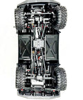 Underside view of RockVan RC Crawler One Eighteenth Scale With Two Speed Transmission And All Metal Gears Ready To Run Evolved EVO Platform.