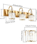 Brass Gold 3 Light Vanity Light With Crystal Accents For Bathroom Over Mirror Modern Style E26 Base Compatible Long 23.6 Inch Fixture Extends 7.3 Inches Glam Ready Lighting That Elevates Your Space with measurements.
