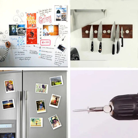 Image collage showcasing 30 Pack Bombproof N52 Neodymium Disc Magnets for Lockers Whiteboards Fridge with photos and kitchen tools.