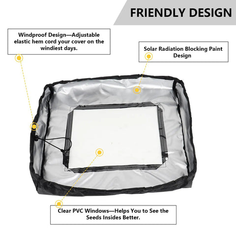 Two Pack Broadcast Spreader Covers With PVC Window showing adjustable design, solar blocking, and clear PVC window, black cover.