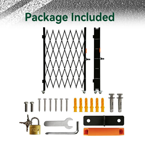 Tough As Nails Folding Security Gate With Lockable Scissor Design And 360 Swivel Casters For Outdoor Barricades includes hardware.