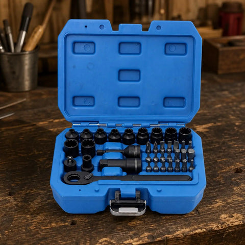 Tough As Nails 37 Piece 1/4 Inch Drive Go Through Ratchet Socket Set With Instant Release And Steel Drives packed in a blue case.