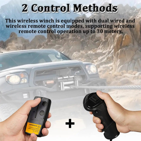 Heavy Duty Electric Winch Kit Pulls 6000 Lbs On Trucks And Jeeps With 24V Power showing dual wired and wireless controllers.