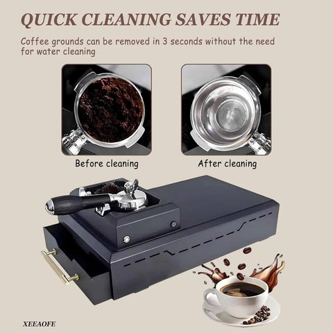 Kick Stubborn Grinds To The Curb With This Heavy Duty Electric Coffee Grounds Cleaner And Portafilter Knock Box Boasting A Lightning Fast 150W Motor Setup For Baristas showing before and after cleaning of coffee grounds.