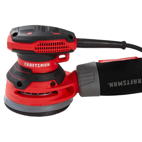 Beast 5 Inch Orbital Sander with 12000 OPM, onboard dust bag and cord, side view showing design and dust connection