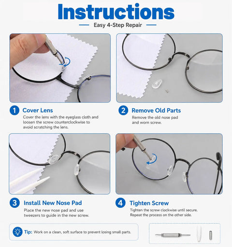 Instructions for Stainless Steel Glasses Screws And Sunglasses Repair Kit 600 Piece Set with steps for nose pad replacement.