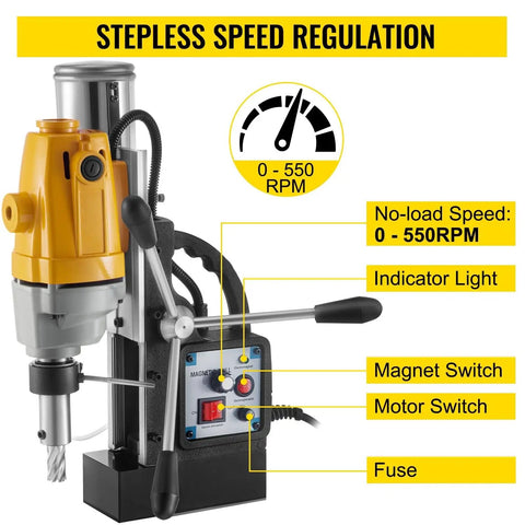 Powerful 40Mm Magnetic Drill Press With 1100W Motor showing stepless speed control with 0-550RPM display for precision drilling.
