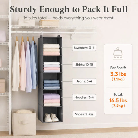 Five Tier Hanging Closet Organizer With Multi Compartment Wardrobe Storage Bin For Sweaters Pants And Towels shown with folded clothes and usage details.