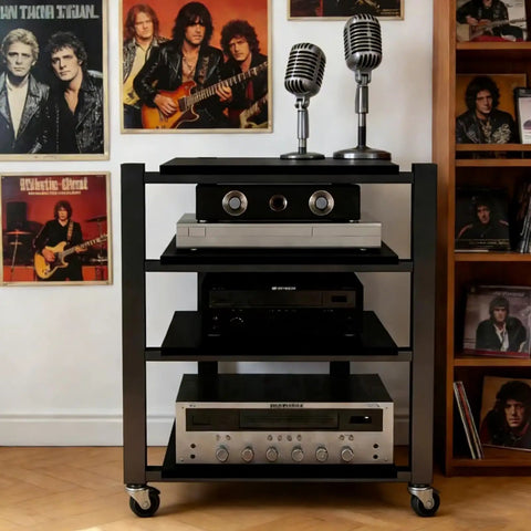 Heavy Duty Audio Component Rack With Smooth Locking Wheels Four Tier Black AV Media Stand displaying studio equipment.