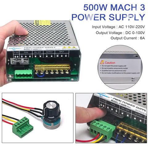 CNC Spindle Motor Kit 500W ER11 Brushed With PSU showing power supply and cables for wood engraving setup