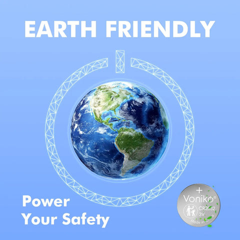Earth-friendly theme promoting Heavy Duty Cr2032 3V Lithium Battery 5 Pack Packing Long Haul Power That Slides Right Over Apple AirTag.