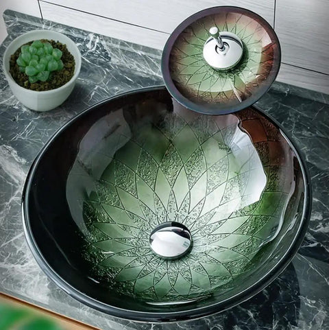 Slick Tempered Glass Bathroom Vessel Sink With Hardcore Waterfall Faucet Premium Countertop Wash Basin on marble countertop.
