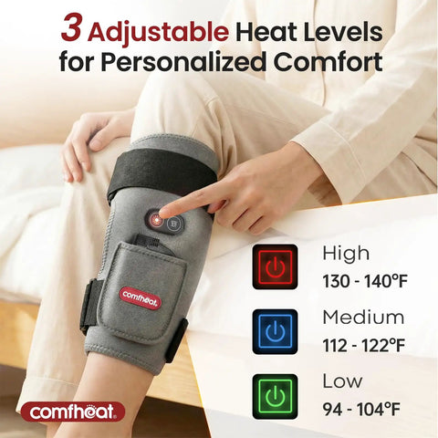 Top Rated Heated Shoulder Wrap For Pain Relief With Adjustable Compression Strap shown on leg with three heat level indicators.