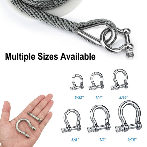 Hand holding 304 Stainless Steel Bow D Ring Shackles Heavy Duty Screw Pin Anchor Shackle Set 5/32 Inch, various sizes shown