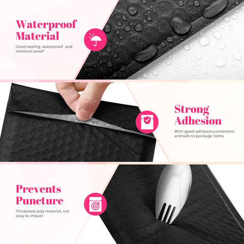 Details of 10x13 Inch Black Bubble Mailers 40 Pack Waterproof Padded Envelopes showing waterproof material, adhesion, puncture prevention.