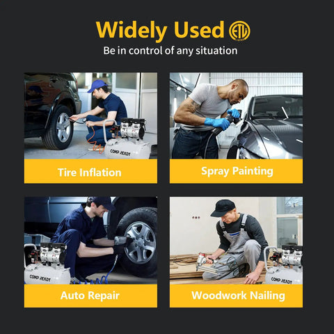 2 Gallon Portable Air Compressor 0.75HP Oil Free Ultra Quiet 60dB for tire inflation and spray painting tasks.