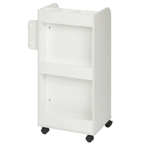 Game Changing Rolling Craft Storage Cart With Three Roomy Drawers And Broad Open Shelves For Bulk Wrapping Paper Ribbon Spools And DIY Gear Featuring Easy Glide Locking Wheels To Keep Your Studio Hustle Neat, white mobile cart with shelves and wheels.