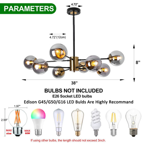 Modern 8 Light Glass Globe Sputnik Chandelier In Black And Gold E26 Base Pendant