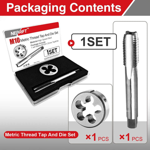 Packaging of M10 x 1.25 Tap and Die Set for Precision Right Hand Threads, High Speed Steel 6542, with tap and die shown
