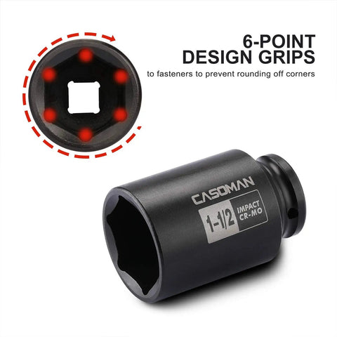 Beefy 1/2 Inch Drive Deep Impact Socket 6 Point Axle Nut Socket 1-1/2 Inch SAE CR-MO Steel with black finish and design grips
