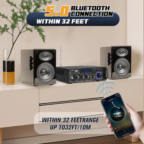 Powerful 300W Stereo Amplifier System With Bluetooth 5.0 Wireless displayed with speakers and smartphone connection
