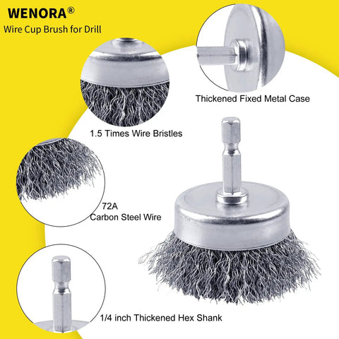 Four Pack Drill Wire Cup Brushes with 1/4 Inch Hex Shank 0.010 Inch Carbon Steel Coarse Attachments for Rust Removal Upgraded to 72A Steel