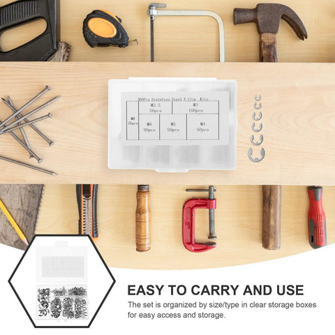 300 Piece Stainless Steel E Shaped Retaining Ring Kit With Storage Case on a workbench with tools