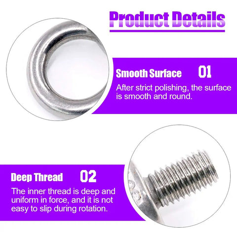 Eight Piece M14 Male Thread Eye Bolt Kit Stainless Steel 304 For Lifting And Rigging Includes Two Eye Bolts Two Lock Nuts Two Lock Washers And Two Flat Washers Perfect For Hoisting Boats Marine And Industrial Use, close-up smooth surface and deep thread
