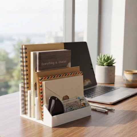 Two Pack 3 Slot Mail Organizer For Desk Space Saving with notebooks and envelopes on an office desk near a laptop and plant