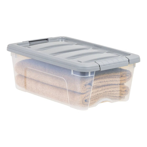 Heavy Duty Plastic Storage Containers With Secure Latching Lids Stackable Organization Bins Clear Grey Totes 12 Quart Gear Haulers Set Of 6 holding towels.