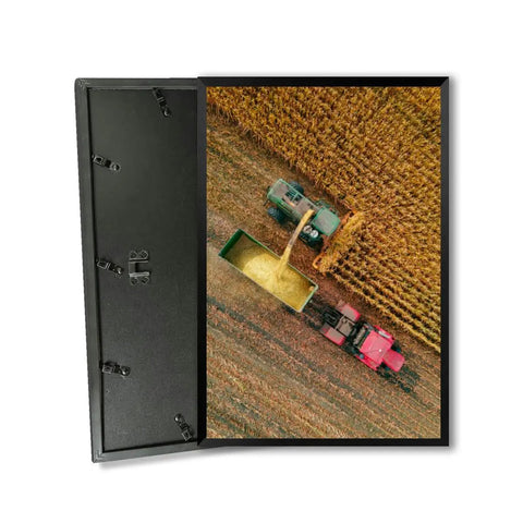 Dope Harvest Scene Black Framed Canvas Wall Art 16x24 Inches showing aerial view of cornfield with machinery harvesting