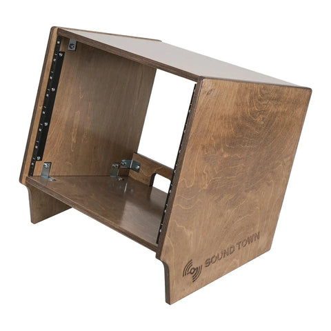 Rock Solid 8U Angled Desktop Studio Rack Hella Durable Baltic Birch Build With Slick Weathered Brown Finish, front view showing interior space.