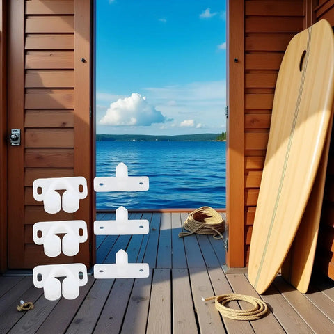 Super Secure 4 Pack White Marine Boat Ball Catch Roller Latch Spring Back Plates For Cabinet Doors And Cupboards Durable Plastic Hardware That Fits Anywhere displayed at a waterfront door.