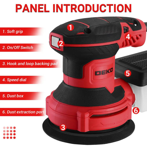 Heavy Duty 5-Inch Orbital Sander With Dust Collection, 14,000 RPM, 6 Variable Speeds, 16 Sandpapers Included, shown with labeled features.