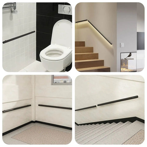 Modern Wall Mounted Stainless Steel Handrail For Indoor Stairs Extra Tough Rust Resistant Banister seen in bathroom and stairway.